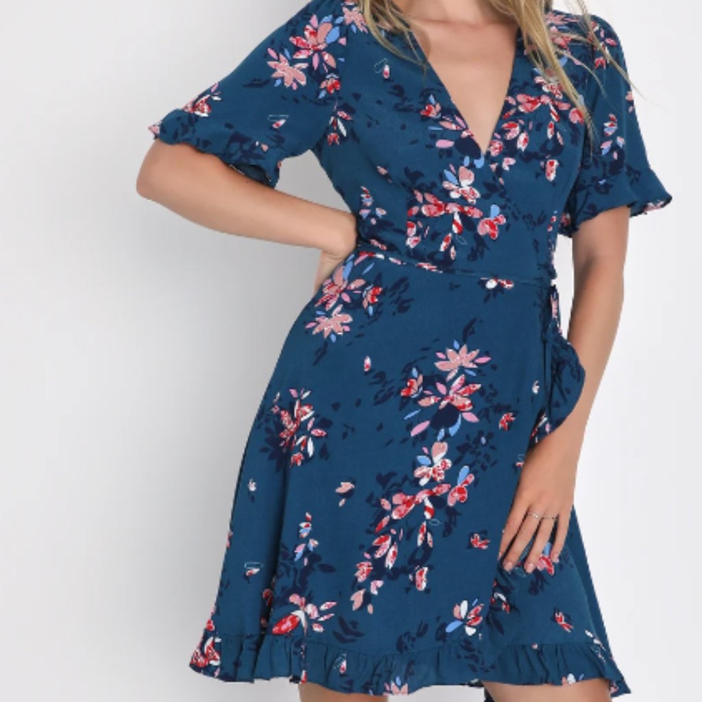 Lulu's Dalton Teal Blue Floral Print Ruffled Wrap Dress